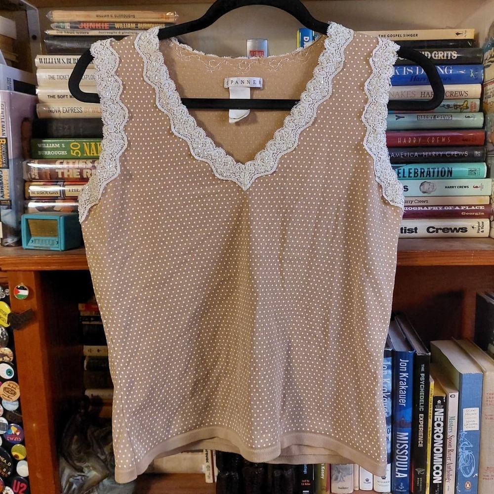 Spanner Y2K Polka Dot Lace Trim Beaded V-Neck Tank Top Tan White Medium